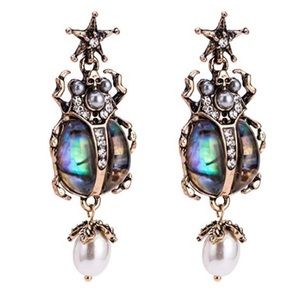 Scarab Beetle Cultured Pearl with Skull Earrings